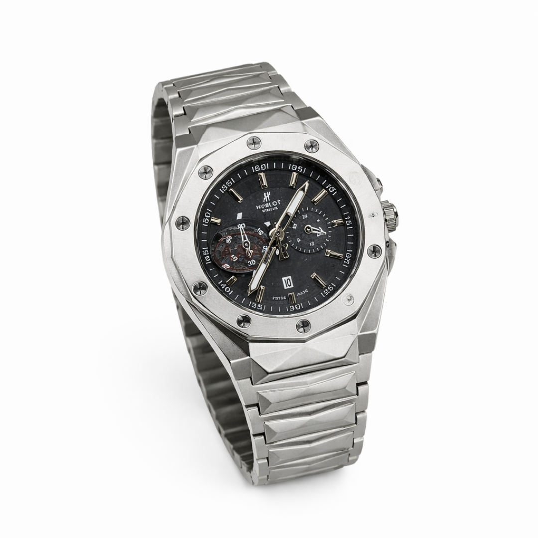 Apne style ko ek bold aur futuristic mod dein is Silver Geometric Skeleton Watch ke saath.
