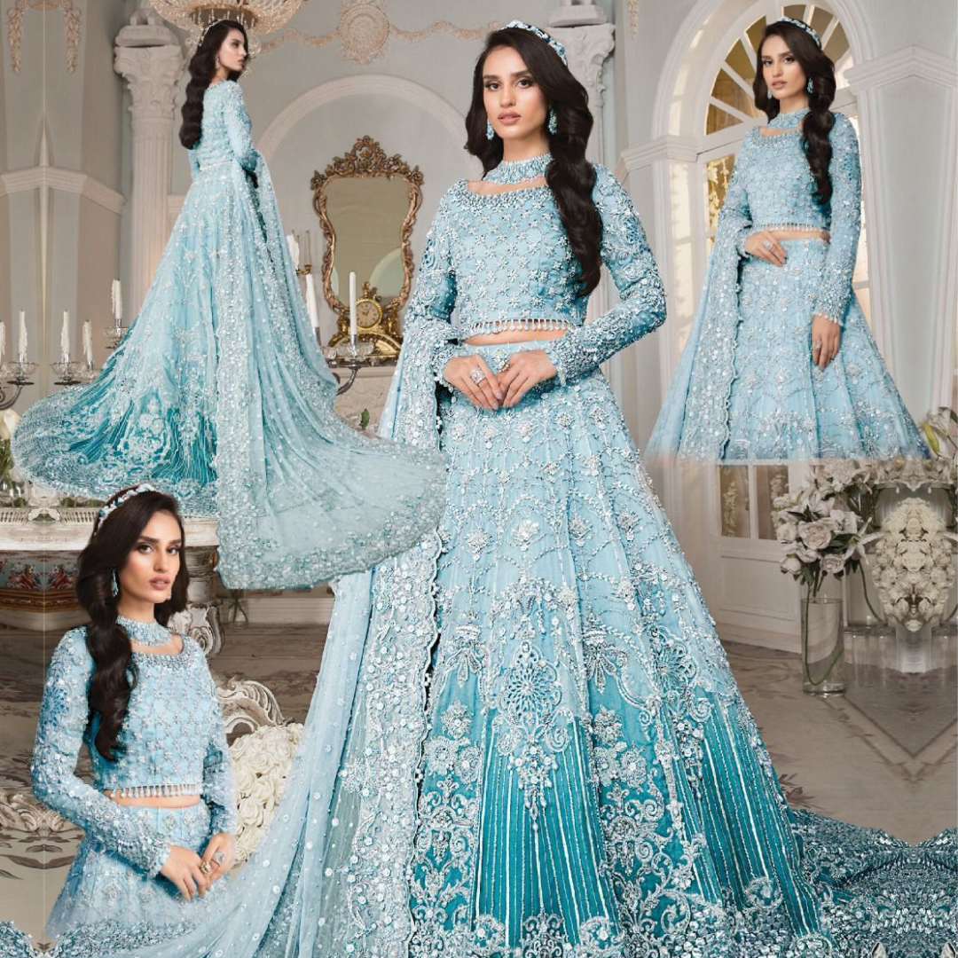 Elegant Turquoise Bridal Embroidered Lehenga unstitching