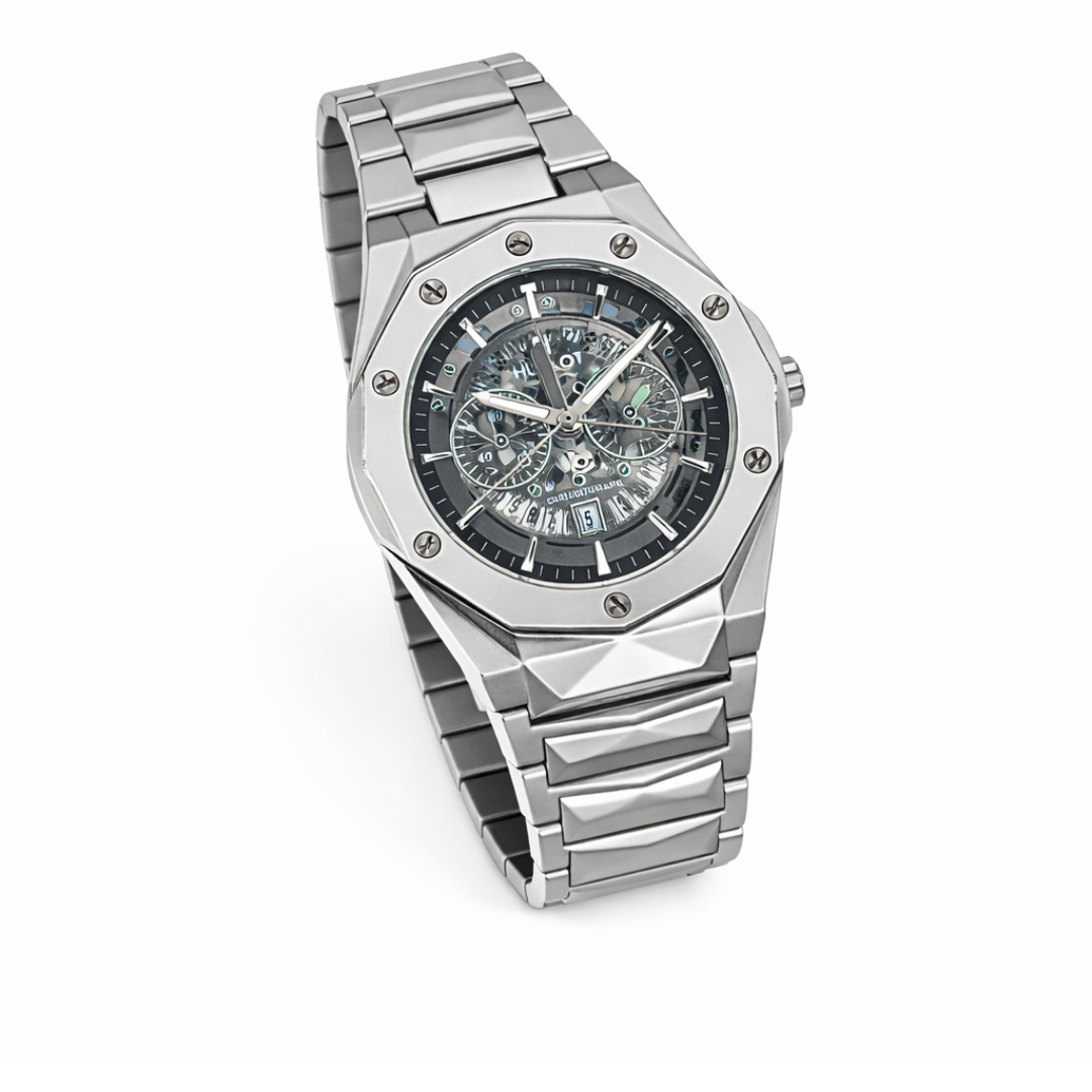 Premium Option: Luxury Silver Geometric Skeleton Watch – Automatic Chronograph for MenApne style ko ek naya mod dein is shandaar Geometric Skeleton Watch ke saath.