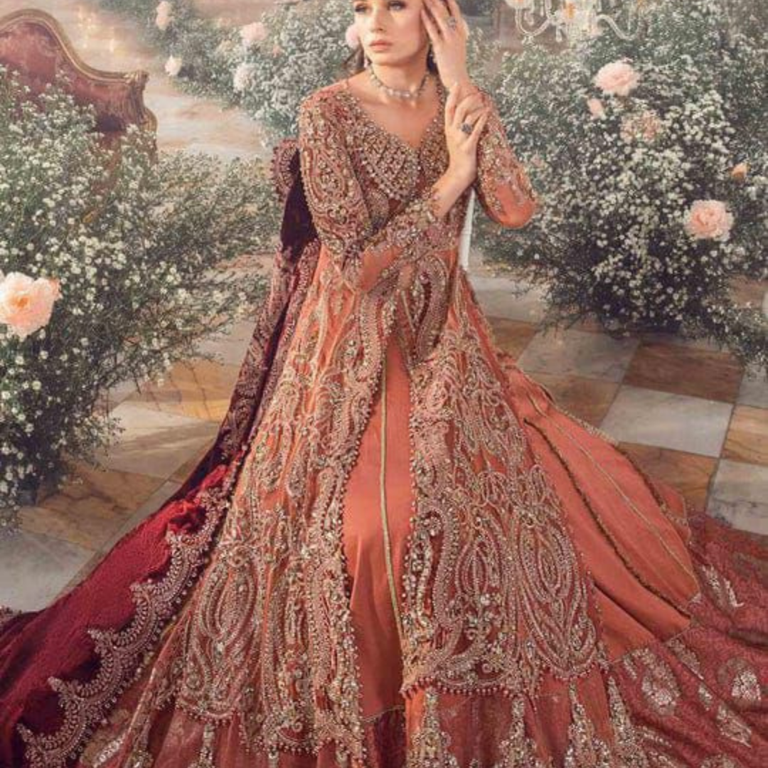 Luxury Rust Red Bridal Embroidered Gown unstitching