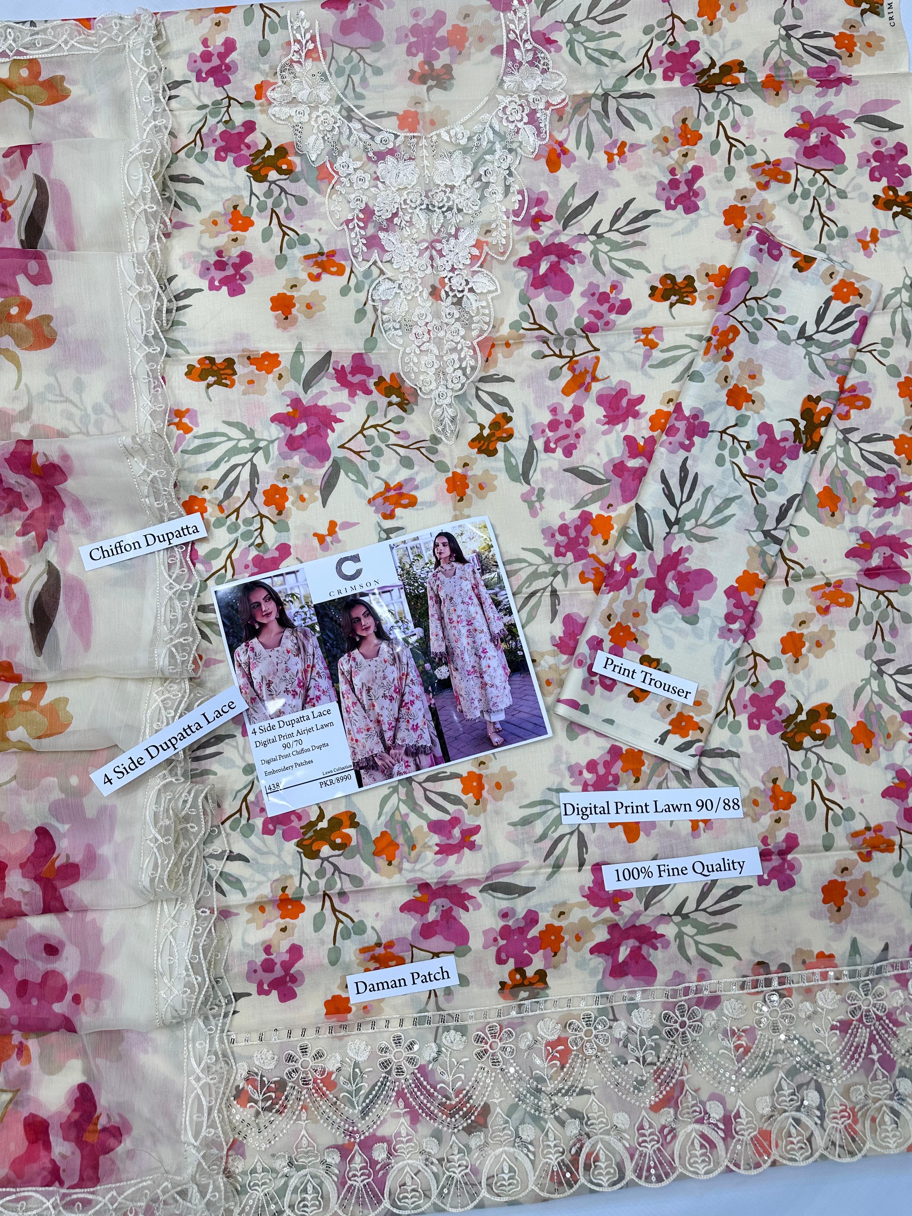 DIGITAL PRINT AIRJET LAWN 90/70 With 4 Side Lace CHIFFON DUPATTA unstiched